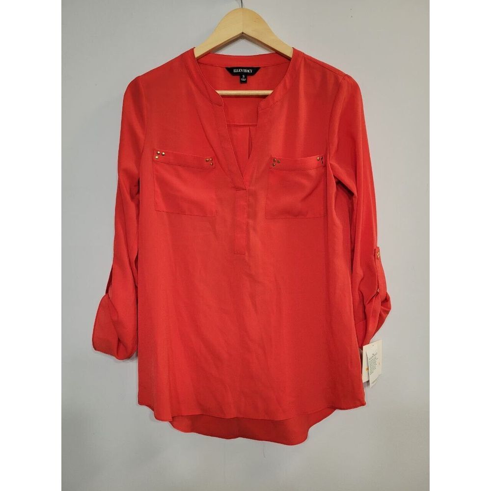 Ellen Tracy Flame Red Long Sleeve Gold Studded Blouse Women's Small